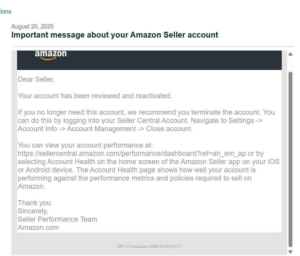 Official Amazon Seller Central Reinstatement Confirmation